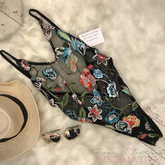 Rose & Feather Wild Thing Bodysuit Sheer Embroidered Floral Black Lingerie | S - Picture 3 of 14